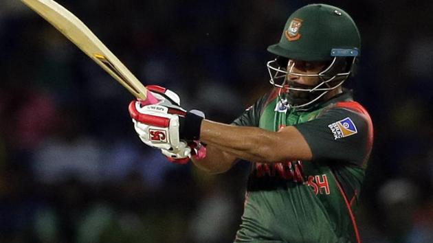 Bangladesh's Tamim Iqbal plays a shot against Sri Lanka during their Nidahas Trophy T20 encounter in Colombo on Friday.(AP)