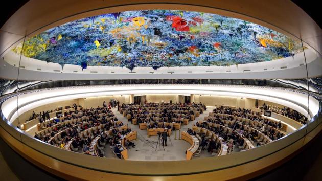 A view of the United Nations Human Rights Council during the presentation of a report by the Commission of Inquiry on Syria in Geneva. Syria enters its eighth year of war free of the jihadist “caliphate” but torn apart by an international power struggle. (Fabrice Coffrini / AFP) A view of the United Nations Human Rights Council during the presentation of a report by the Commission of Inquiry on Syria in Geneva. Syria enters its eighth year of war free of the jihadist “caliphate” but torn apart by an international power struggle. (Fabrice Coffrini / AFP)