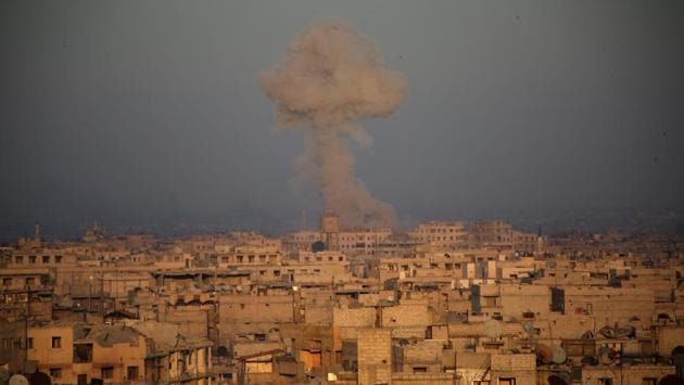Smoke billows in Zamalka, in the Syrian rebel enclave of Eastern Ghouta on the outskirts of Damascus, during reported shelling by Syrian government forces. (Ammar Suleiman / AFP) Smoke billows in Zamalka, in the Syrian rebel enclave of Eastern Ghouta on the outskirts of Damascus, during reported shelling by Syrian government forces. (Ammar Suleiman / AFP)
