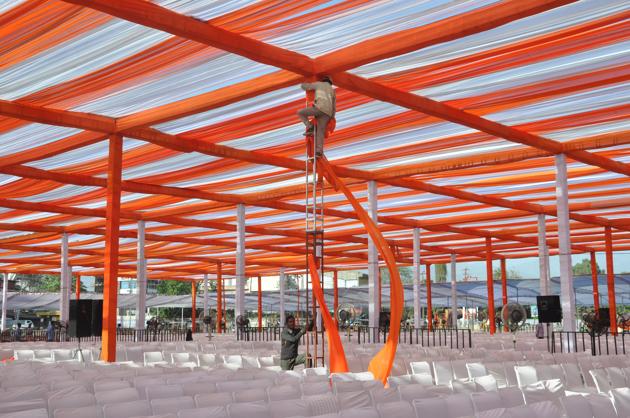 The BJP government in Uttarakhand is all set to celebrate its one year in power. A celebration venue (in pic) at Parade Ground in Dehradun on Saturday. (Vinay Santosh Kumar/HT Photo) The BJP government in Uttarakhand is all set to celebrate its one year in power. A celebration venue (in pic) at Parade Ground in Dehradun on Saturday. (Vinay Santosh Kumar/HT Photo)