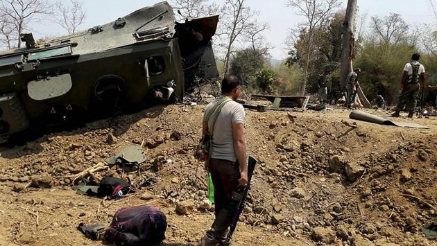 Security personnel inspect the site of an IED blast where nine CRPF personnel were killed and two more were injured after Maoists ambushed them in Kistaram area of Chhattisgarh’s Sukma district on March 13. (PTI) Security personnel inspect the site of an IED blast where nine CRPF personnel were killed and two more were injured after Maoists ambushed them in Kistaram area of Chhattisgarh’s Sukma district on March 13. (PTI)