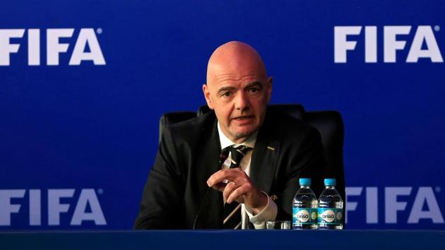 FIFA President Gianni Infantino speaks during a news conference after a FIFA Council meeting in Bogota, Colombia, on Friday. (REUTERS) FIFA President Gianni Infantino speaks during a news conference after a FIFA Council meeting in Bogota, Colombia, on Friday. (REUTERS)
