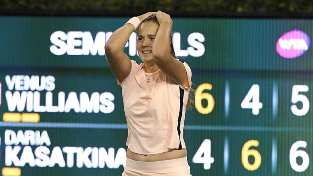 Daria Kasatkina, of Russia, reacts after defeating Venus Williams, of the United States, 4-6, 6-4. 7-5 during the semifinals at the BNP Paribas Open tennis tournament on March 16, 2018, in Indian Wells, California.(AP)