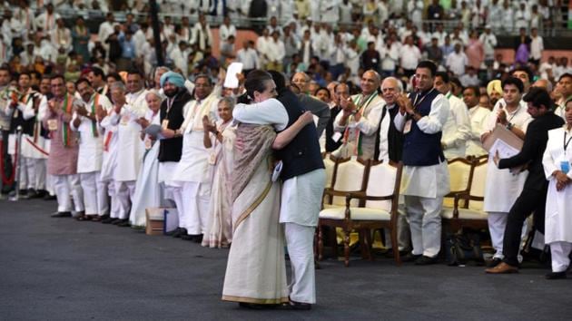 Congress president Rahul Gandhi hugs his mother, Sonia Gandhi, after her speech at the 84th Plenary Session of the Indian National Congress (INC) at the Indira Gandhi Stadium in New Delhi on Saturday. (Mohd Zakir / HT Photo) Congress president Rahul Gandhi hugs his mother, Sonia Gandhi, after her speech at the 84th Plenary Session of the Indian National Congress (INC) at the Indira Gandhi Stadium in New Delhi on Saturday. (Mohd Zakir / HT Photo)