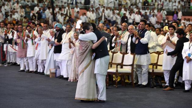 Congress President Rahul Gandhi greets Former President of INC Sonia Gandhi after her address at the Indian Natinal Congress 84th Plenary Session in New Delhi on March 17. (Mohd Zakir / HT Photo) Congress President Rahul Gandhi greets Former President of INC Sonia Gandhi after her address at the Indian Natinal Congress 84th Plenary Session in New Delhi on March 17. (Mohd Zakir / HT Photo)