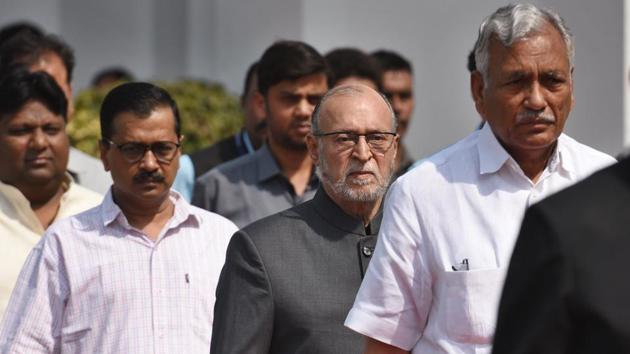 Delhi chief minister Arvind Kejriwal, lieutenant-governor Anil Baijal and assembly speaker Ram Niwas Goel arrive for the budget session at the Vidhan Sabha in New Delhi on Friday. (Raj K Raj/HT PHOTO) Delhi chief minister Arvind Kejriwal, lieutenant-governor Anil Baijal and assembly speaker Ram Niwas Goel arrive for the budget session at the Vidhan Sabha in New Delhi on Friday. (Raj K Raj/HT PHOTO)
