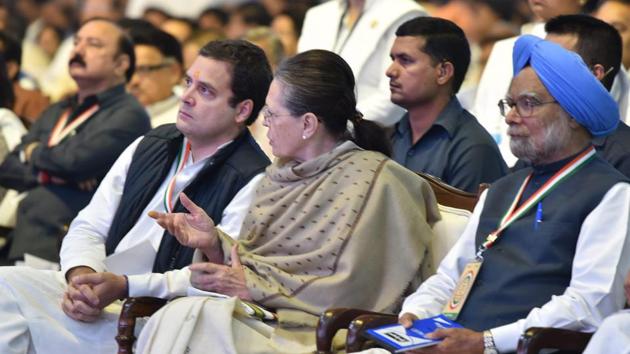 Congress president Rahul Gandhi, Sonia Gandhi and former Prime Minister Manmohan Singh during the second day of the 84th Congress Plenary Session in New Delhi on Sunday.(PTI Photo) Congress president Rahul Gandhi, Sonia Gandhi and former Prime Minister Manmohan Singh during the second day of the 84th Congress Plenary Session in New Delhi on Sunday.(PTI Photo)