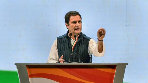 New Delhi: Congress President Rahul Gandhi speaks during the second day of the 84th Plenary Session of Indian National Congress (INC), at the Indira Gandhi stadium in New Delhi on Sunday. PTI Photo by Manvender Vashist(PTI3_18_2018_000116B) (PTI) New Delhi: Congress President Rahul Gandhi speaks during the second day of the 84th Plenary Session of Indian National Congress (INC), at the Indira Gandhi stadium in New Delhi on Sunday. PTI Photo by Manvender Vashist(PTI3_18_2018_000116B) (PTI)