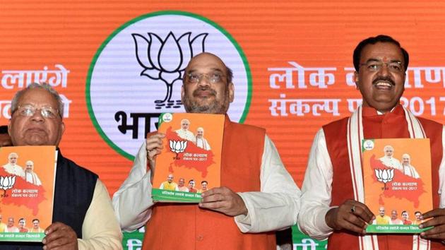 BJP national president Amit Shah releasing the party’s manifesto for the Uttar Pradesh assembly election in Lucknow in February 2017. (HT File Photo) BJP national president Amit Shah releasing the party’s manifesto for the Uttar Pradesh assembly election in Lucknow in February 2017. (HT File Photo)
