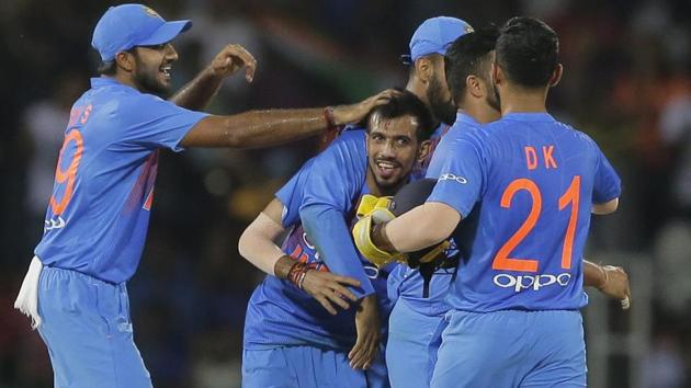 India's Yuzvendra Chahal, center, celebrates the dismissal of Bangladesh's Soumya Sarkar in the Nidahas Trophy T20 final match . (AP) India's Yuzvendra Chahal, center, celebrates the dismissal of Bangladesh's Soumya Sarkar in the Nidahas Trophy T20 final match . (AP)
