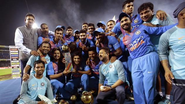 Indian cricket team celebrates after winning the Nidahas Trophy T20 final match in Colombo on Sunday. (AP)
