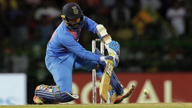 Dinesh Karthik scored 29 off just 8 balls to guide his team to a thrilling win in the Nidahas Trophy T20 final match. (AP) Dinesh Karthik scored 29 off just 8 balls to guide his team to a thrilling win in the Nidahas Trophy T20 final match. (AP)