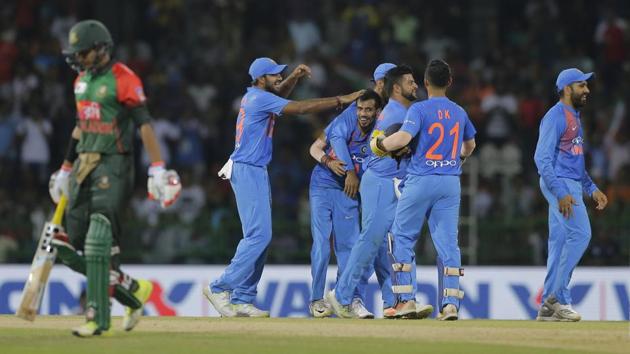 Yuzvendra Chahal (C) was the pick of the bowlers for India with three crucial wickets in the Nidahas Trophy T20 final match. (AP) Yuzvendra Chahal (C) was the pick of the bowlers for India with three crucial wickets in the Nidahas Trophy T20 final match. (AP)