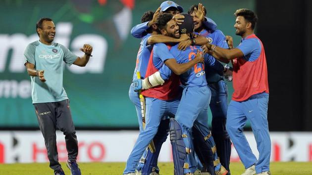 Members of the Indian cricket team celebrate their team's victory over Bangladesh in the Nidahas Trophy T20 final match. (AP) Members of the Indian cricket team celebrate their team's victory over Bangladesh in the Nidahas Trophy T20 final match. (AP)