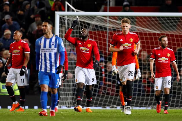 Manchester United's Romelu Lukaku celebrates scoring their first goal against Brighton in the FA Cup quarter-final.(Action Images via Reuters)