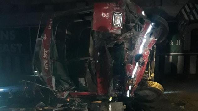 The UP Roadways bus that fell off the Yamuna Expressway near Pari Chowk early on Sunday. The UP Roadways bus that fell off the Yamuna Expressway near Pari Chowk early on Sunday.