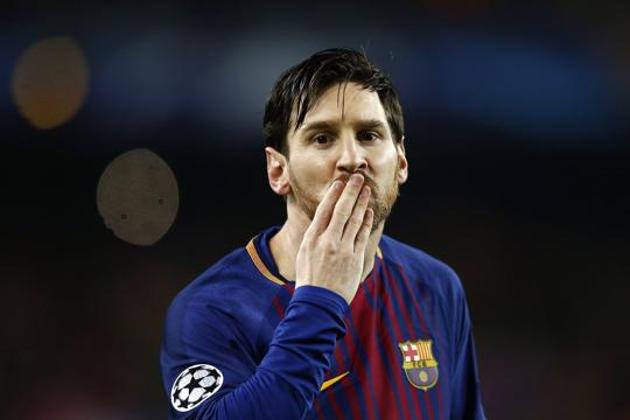 Barcelona's Lionel Messi blows a kiss after scoring the opening goal. (AP) Barcelona's Lionel Messi blows a kiss after scoring the opening goal. (AP)