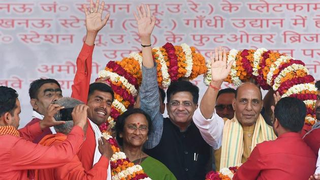 Union home minister Rajnath Singh and railway minister Piyush Goyal being presented a garland during the inauguration and foundation laying ceremony of various projects in Lucknow on Sunday. (PTI Photo) Union home minister Rajnath Singh and railway minister Piyush Goyal being presented a garland during the inauguration and foundation laying ceremony of various projects in Lucknow on Sunday. (PTI Photo)