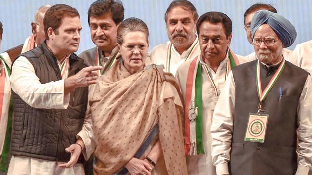 Congress president Rahul Gandhi, CPP chairperson Sonia Gandhi, former Prime Minister Manmohan Singh with steering committee members during a group photo after the 84th Plenary Session of Indian National Congress (INC), at the Indira Gandhi stadium in New Delhi on Sunday. (PTI Photo) Congress president Rahul Gandhi, CPP chairperson Sonia Gandhi, former Prime Minister Manmohan Singh with steering committee members during a group photo after the 84th Plenary Session of Indian National Congress (INC), at the Indira Gandhi stadium in New Delhi on Sunday. (PTI Photo)