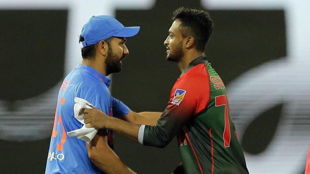 Bangladesh's captain Shakib Al Hasan, right, congratulates his Indian counterpart Rohit Sharma after the final of the Nidahas Trophy triangular Twenty20 cricket series in Colombo, Sri Lanka on Sunday. (AP) Bangladesh's captain Shakib Al Hasan, right, congratulates his Indian counterpart Rohit Sharma after the final of the Nidahas Trophy triangular Twenty20 cricket series in Colombo, Sri Lanka on Sunday. (AP)