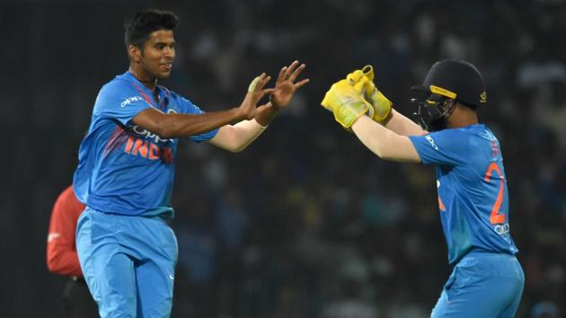 Washington Sundar (L) and Dinesh Karthik made big contributions to India’s Nidahas Trophy T20 tri-series win in Colombo.(AFP)