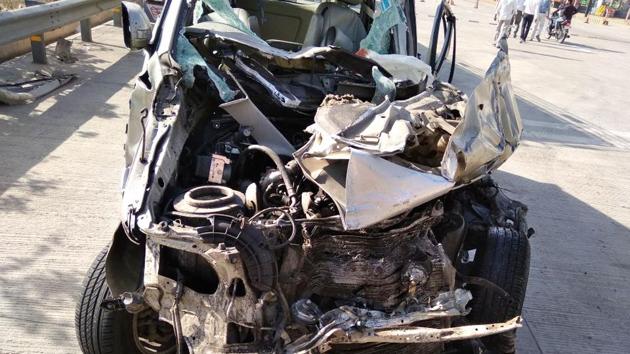 A car rammed into a truck leaving three of them succumbed to injuries at the Yamuna Expressway on Sunday, March 18, 2018. (HT Photo) A car rammed into a truck leaving three of them succumbed to injuries at the Yamuna Expressway on Sunday, March 18, 2018. (HT Photo)
