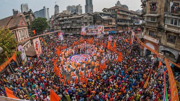 A Gudi Padwa rally at Girgaum in south Mumbai. The festival is celebrated on the first day of the Hindu month of Chaitra. (Pratik Chorge/HT Photo) 