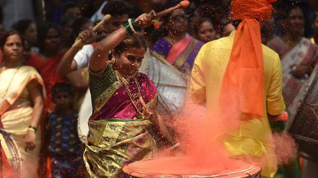 Dhol-tasha celebrations at PMGP Colony, Jogeshwari. Dhol-tashas are traditionally part of auspicious celebrations such as Gudi Padwa and Ganesh utsav. (Satyabrata Tripathy/HT Photo) 