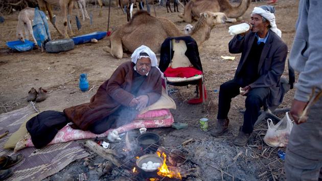 Camel owner Ali El Guran (L) and his herder Salem Rashaideh (R), have breakfast at their camp. Here they live simple routines, surviving mainly on bread and olive oil while drinking thick black coffee boiled on campfires. They sleep under the stars, near the herd, for weeks at a time without any cellphone coverage or other modern amenities. (Oded Balilty / AP) Camel owner Ali El Guran (L) and his herder Salem Rashaideh (R), have breakfast at their camp. Here they live simple routines, surviving mainly on bread and olive oil while drinking thick black coffee boiled on campfires. They sleep under the stars, near the herd, for weeks at a time without any cellphone coverage or other modern amenities. (Oded Balilty / AP)