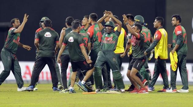 Bangladesh's team members had performed the ‘nagin’ dance after their win over Sri Lanka in the last league game of the Nidahas Trophy, which had seen them book a place in Sunday’s final against India in Colombo.(AP)