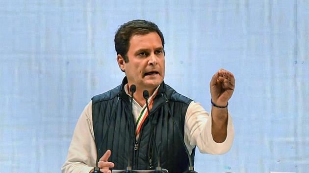 Congress President Rahul Gandhi speaks during the second day of the 84th Plenary Session of Indian National Congress (INC), at the Indira Gandhi stadium in New Delhi on Sunday. (PTI File Photo) Congress President Rahul Gandhi speaks during the second day of the 84th Plenary Session of Indian National Congress (INC), at the Indira Gandhi stadium in New Delhi on Sunday. (PTI File Photo)