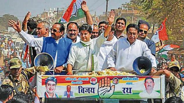Congress leader Jyotiraditya Scindia with party leaders at a road show ahead of the Kolaras bypoll in Madhya Pradesh in February. (PTI File Photo) Congress leader Jyotiraditya Scindia with party leaders at a road show ahead of the Kolaras bypoll in Madhya Pradesh in February. (PTI File Photo)