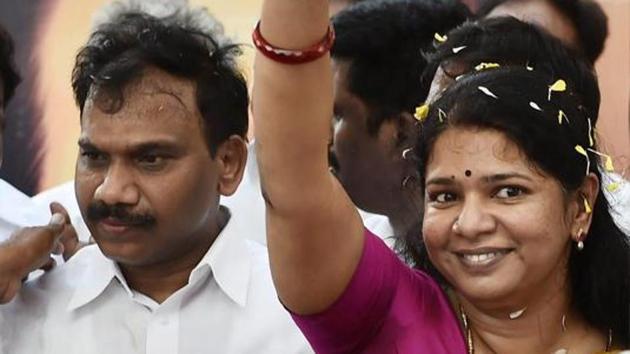 A Raja and Kanimozhi are greeted following their acquittal in 2G spectrum case upon their arrival at the airport in Chennai.(PTI File Photo)