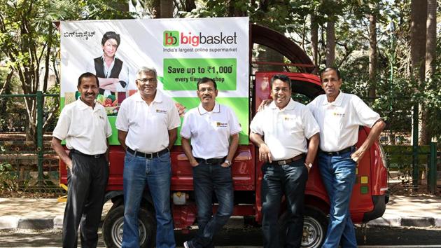 Founding members of Bigbasket. From left: VS Ramesh, Hari Menon, Vipul Parekh, Abhinay Choudhari and VS Sudhakar.(Photographer: Samyukta Lakshmi/B)