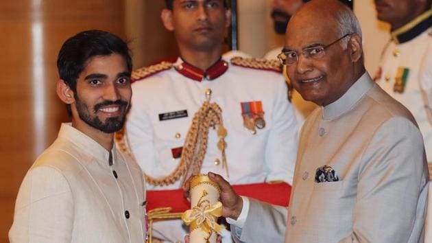 Indian President Ram Nath Kovind (R) confers the Padma Shri award to Kidambi Srikanth during an event at the Presidential Palace in New Delhi on March 20. (AFP) Indian President Ram Nath Kovind (R) confers the Padma Shri award to Kidambi Srikanth during an event at the Presidential Palace in New Delhi on March 20. (AFP)