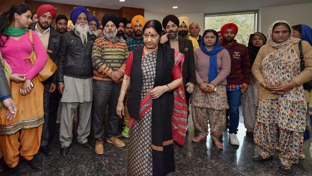 External Affairs Minister Sushma Swaraj meets with family members of Indians stuck in Iraq, at Jawahar Lal Bhavan in New Delhi on February 07, 2016. Swaraj in a statement made at Rajya Sabha today, stated that the 39 bodies exhumed from a mound in Badoosh in Iraq have been identified as those of abducted Indians and will be brought back to India. (Vijay Verma / PTI File) External Affairs Minister Sushma Swaraj meets with family members of Indians stuck in Iraq, at Jawahar Lal Bhavan in New Delhi on February 07, 2016. Swaraj in a statement made at Rajya Sabha today, stated that the 39 bodies exhumed from a mound in Badoosh in Iraq have been identified as those of abducted Indians and will be brought back to India. (Vijay Verma / PTI File)