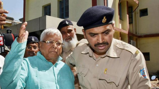 Former Bihar chief minister Lalu Prasad leaves special CBI court after being pronounced guilty in the fourth Dumka multi-crore fodder scam case in Ranchi last week.(PTI File Photo) Former Bihar chief minister Lalu Prasad leaves special CBI court after being pronounced guilty in the fourth Dumka multi-crore fodder scam case in Ranchi last week.(PTI File Photo)