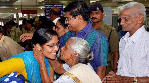 Jubilant relatives welcome nurses who were held captive by Islamic State militants, at the Kochi airport in 2014. (PTI File) Jubilant relatives welcome nurses who were held captive by Islamic State militants, at the Kochi airport in 2014. (PTI File)