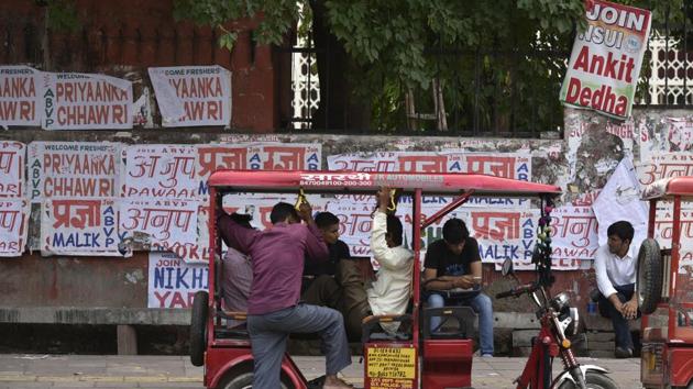 The court’s observation and direction came while hearing a plea by advocate Prashant Manchanda, who has sought a complete ban on defacement of public properties by Delhi University Student Union (DUSU) poll candidates. (Arun Sharma/HT PHOTO) The court’s observation and direction came while hearing a plea by advocate Prashant Manchanda, who has sought a complete ban on defacement of public properties by Delhi University Student Union (DUSU) poll candidates. (Arun Sharma/HT PHOTO)