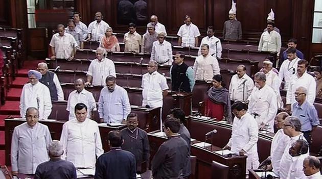 MPs in Rajya Sabha observe silence to pay tribute to the 39 Indians who were killed in Iraq.(PTI)