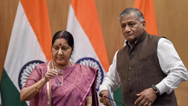External affairs minister Sushma Swaraj with MoS VK Singh after a press conference over the deaths of 39 Indians in Iraq, in New Delhi. (PTI Photo) External affairs minister Sushma Swaraj with MoS VK Singh after a press conference over the deaths of 39 Indians in Iraq, in New Delhi. (PTI Photo)