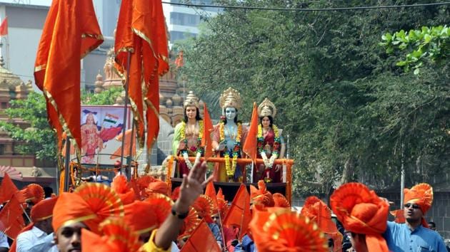 The Gudi Padwa procession organised by Hindu navavarsh swagat samiti on Sinhgad road in Pune, was a grand affair.  (HT PHOTO ) 