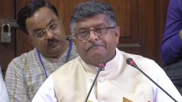 Union minister Ravi Shankar Prasad at the press conference in New Delhi on Wednesday.(ANI Twitter)