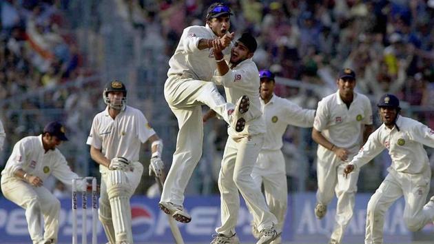 Sourav Ganguly, VVS Laxman, Rahul Dravid and Harbhajan Singh were the architects of India’s 2001 Test victory against Australia at Eden Gardens.(Twitter)