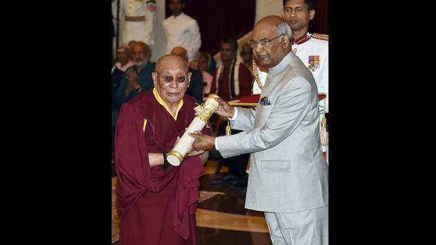 President Kovind is seen presenting Padma Shri award to Dr Yeshi Dhonden in New Delhi. The remaining awardees of the Padma awards 2018 will be conferred with the honour at another special function to be held on April 2. (Ajay Aggarwal / HT Photo) President Kovind is seen presenting Padma Shri award to Dr Yeshi Dhonden in New Delhi. The remaining awardees of the Padma awards 2018 will be conferred with the honour at another special function to be held on April 2. (Ajay Aggarwal / HT Photo)