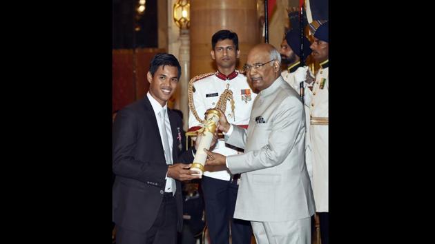 Tennis player Somdev Kishore Devvarman who became the only collegiate player to have made three consecutive finals at the National Collegiate Athletic Association receives Padma Shri award, India’s fourth highest civilian honour. The other sportspersons who received the Padma Shri were weightlifter Saikhom Mirabai Chanu and paralympian Murlikant Petkar. (Ajay Aggarwal / HT Photo) Tennis player Somdev Kishore Devvarman who became the only collegiate player to have made three consecutive finals at the National Collegiate Athletic Association receives Padma Shri award, India’s fourth highest civilian honour. The other sportspersons who received the Padma Shri were weightlifter Saikhom Mirabai Chanu and paralympian Murlikant Petkar. (Ajay Aggarwal / HT Photo)