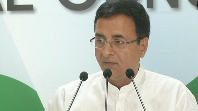 Congress spokesperson Randeep Surjewala at a press conference in New Delhi on Wednesday.(ANI Twitter)