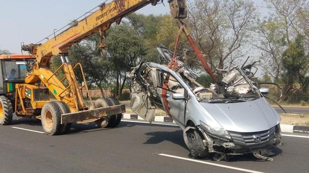 Five persons were killed while eight were injured after a car rammed into a Haryana Roadways bus near Hisar’ s Durjanpur village on Wednesday. The accident took place on the Durjanpur flyover after the driver lost control of the car due to a tyre burst. (HT Photo) Five persons were killed while eight were injured after a car rammed into a Haryana Roadways bus near Hisar’ s Durjanpur village on Wednesday. The accident took place on the Durjanpur flyover after the driver lost control of the car due to a tyre burst. (HT Photo)