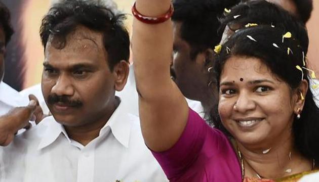 DMK leader and former Union Minister A Raja and his party colleague and Rajya Sabha MP Kanimozhi being welcomed following their acquittal in 2G Telecom case by a special court upon their arrival at the airport in Chennai.(PTI File Photo) DMK leader and former Union Minister A Raja and his party colleague and Rajya Sabha MP Kanimozhi being welcomed following their acquittal in 2G Telecom case by a special court upon their arrival at the airport in Chennai.(PTI File Photo)