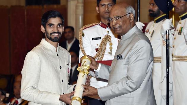 At 25, badminton player Kidambi Shrikanth became the second youngest sportsperson in India to have got the Padma Shri. P.V. Sindhu received the prestigious award at the age of 19. Besides Shrikanth former Indian cricket team skipper MS Dhoni and cueist Pankaj Advani were conferred with the country’s third-highest civilian award, Padma Bhushan. (Ajay Aggarwal / HT Photo) At 25, badminton player Kidambi Shrikanth became the second youngest sportsperson in India to have got the Padma Shri. P.V. Sindhu received the prestigious award at the age of 19. Besides Shrikanth former Indian cricket team skipper MS Dhoni and cueist Pankaj Advani were conferred with the country’s third-highest civilian award, Padma Bhushan. (Ajay Aggarwal / HT Photo)